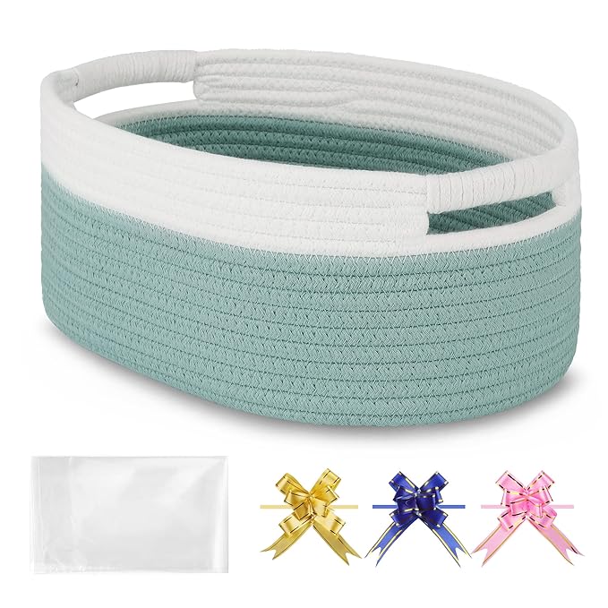 Small Woven Basket with Gift Bags and Ribbons, Empty Baby Gift Baskets for Kids Women Men, Shelf Storage, Small Cat Dog Pet Toy Boxes, 13”x 9”x 5.5”, Light Green