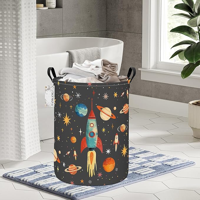 Storage Basket, Nursery Hamper Canvas Laundry Basket Foldable with Waterproof PE Coating Large Storage Baskets for Kids Boys and Girls, Office, Bedroom, Clothes,Toys(Space rocket)