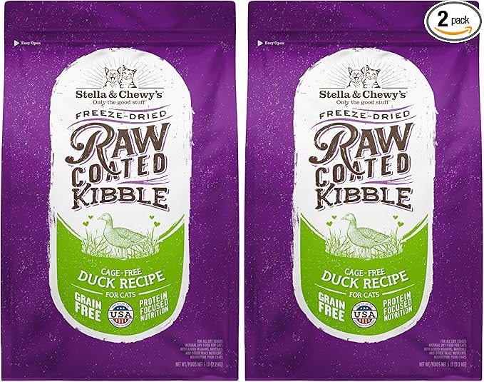 Stella & Chewy's Raw Coated Cat Food - High Protein, Grain-Free Kibble with Cage-Free Duck - Premium Digestive Support with Probiotics - All Natural Small Kibble - Perfect for Picky Eaters - 5 lb Bag