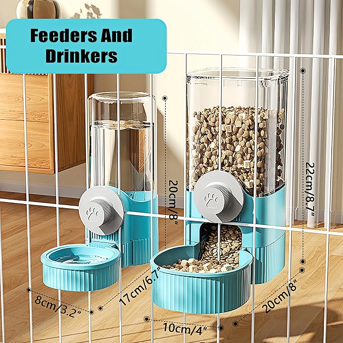 Hanging Automatic Pet Feeder and Water Dispenser Set, 40oz Gravity Food Feeder & 17oz Water Bottle for Rabbit, Guinea Pig, Ferret, Chinchilla - Cage Mount Small Animal Feeding Supplies (Blue)