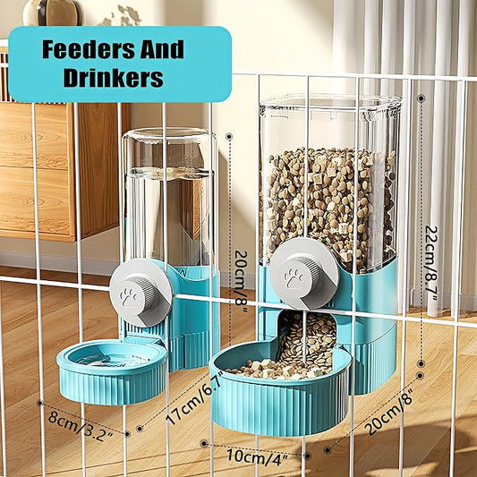 Hanging Automatic Pet Feeder and Water Dispenser Set, 40oz Gravity Food Feeder & 17oz Water Bottle for Rabbit, Guinea Pig, Ferret, Chinchilla - Cage Mount Small Animal Feeding Supplies (Blue)