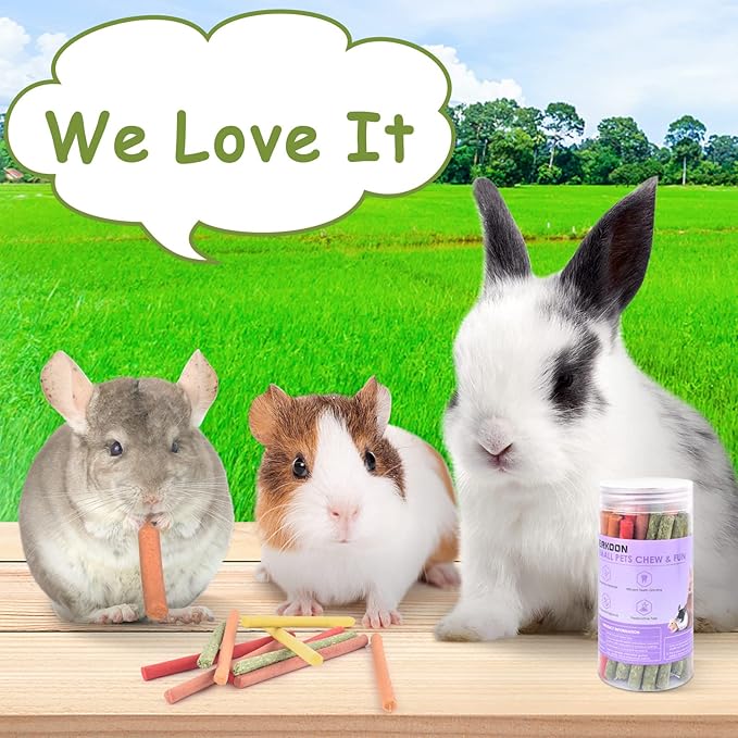 ERKOON 80Pcs Rabbit Timothy Hay Sticks, Five Flavors：PurplePotato/TimothyHay/Pumpkin/Strawberry/Carrot，Suitable Guinea Pig, Hamste, Gerbil, Chinchilla Treats, Chew Toys for Teeth for Bunnies
