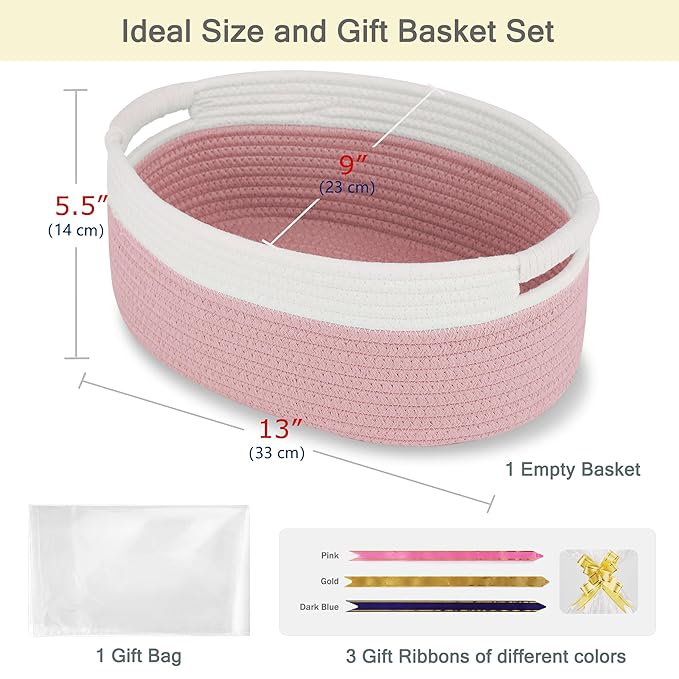Small Woven Basket with Gift Bags and Ribbons, Empty Baby Gift Baskets for Kids Women Men, Shelf Storage, Small Cat Dog Pet Toy Boxes, 13”x 9”x 5.5”, Dusty Pink
