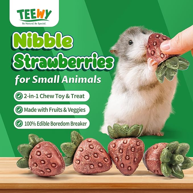 TEEWY Guinea Pig Toys, 4PCS Strawberry Shaped Hamster Toys, Natural Guinea Pig Chew Toys for Teeth Grinding, Hamster Enrichment Toys for Hamster, Gerbil, Chinchilla, Rat