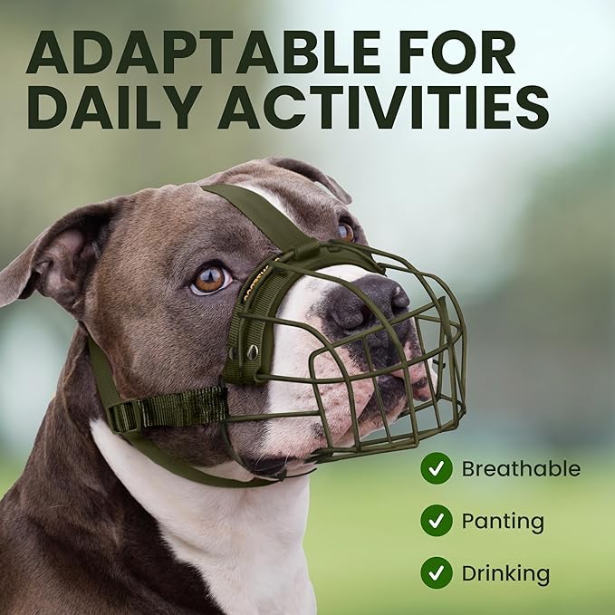 BRONZEDOG Pitbull Dog Muzzle Breathable Metal Basket for Large Dogs Amstaff Staffordshire Terrier Biting Chewing Barking (Nylon, Military Green)
