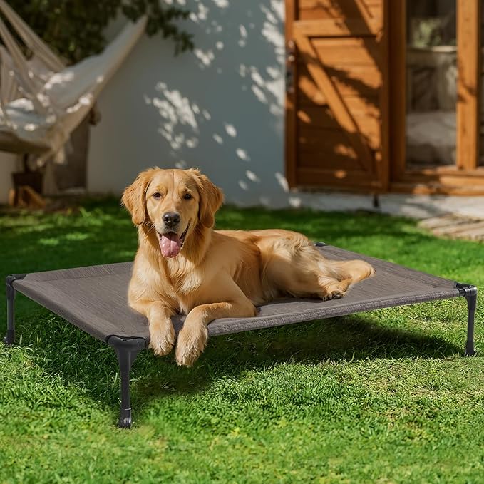 Veehoo Outdoor Elevated Dog Bed Large Sized Dogs, Extra Large Cooling Raised Dog Cots Beds Training Platform Off Ground Hammock with Breathable Mesh, No-Slip Feet, 45"x33", Brown