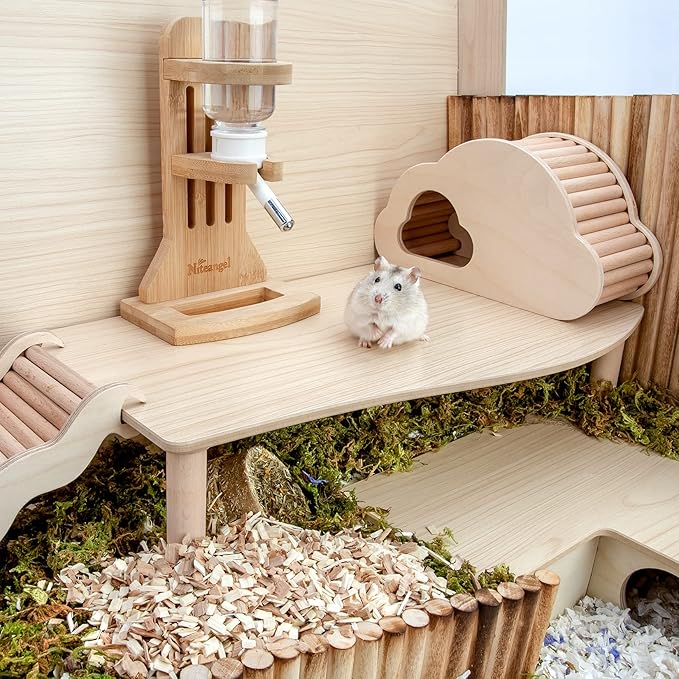 Niteangel Hamster Play Wooden Platform for Dwarf Syrian Hamsters Gerbils Mice Degus or Other Small Pets (Wave - 7'' Height, Burlywood)