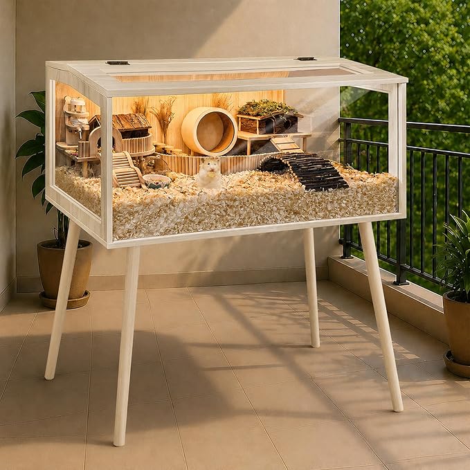 PROLEE Hamster Cage Wooden Chew Proof, Extra Large Mice and Rat Habitat Openable Top with Acrylic Sheets Solid Built Small Animal Cage with Leg Stands, 48 Inch Long