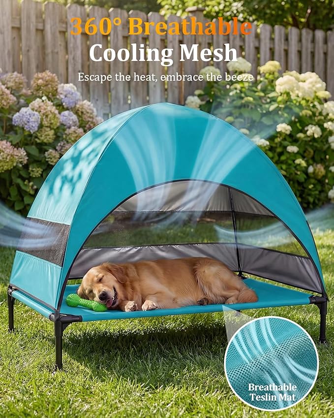 Elevated Dog Bed with Canopy - 3-Sided UV Protection Pet Tent with Wider Shade, Raised Cooling Outdoor Dog Cot with Breathable Mesh for Medium Large Dogs, Portable Pet Bed for Camping, Patio (Aqua, L)