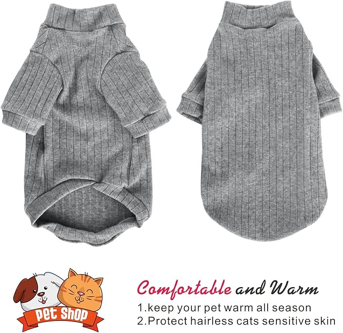 Idepet Sphynx Hairless Cats Sweater Shirt Kitten Soft Puppy Clothes Pullover Cute Cat Pajamas Jumpsuit Cotton Apparel Pet Winter Turtleneck for Cats and Teacup Chihuahua Small Dogs(Gray,L)