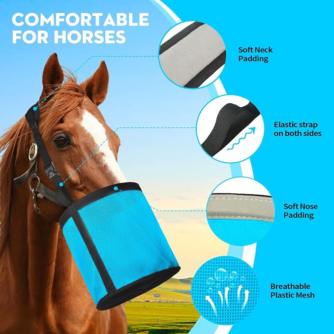 Horse Feed Bag for Grain, Breathable Mesh Feed Bags for Horses, Muzzle Feedbag for Feeding Grain, Anti-Spill Design Feeder, Soft Neck Pad Nose Pad, Universal Fit (Sky Blue 1 Pack)