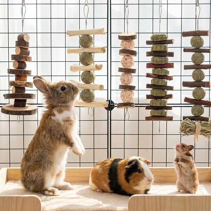 7 Pcs Bunny Chew Toys, Natural Apple Wood Hanging Rabbit Chew Toy Treats for Guinea Pigs Hamsters Chinchilla Ferret Rats, Improve Small Animal Dental Health for Teeth Grinding