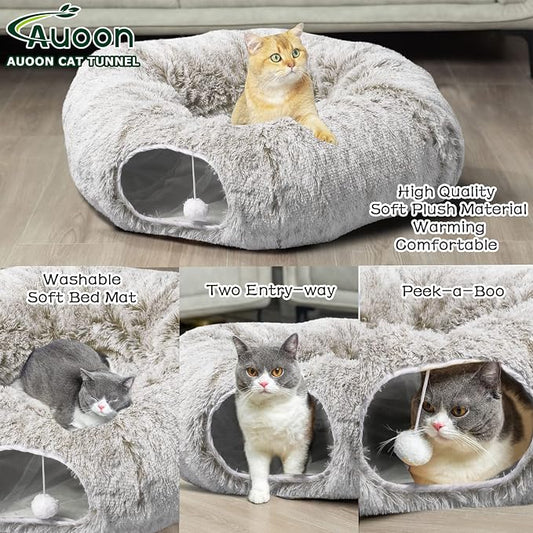 AUOON Cat Tunnel Bed for Indoor Cats - Large Cat Donut Tunnel with Hanging Ball Toy, Collapsible 2-in-1 Multifunctional Interactive Cat Toy for Kitten, Puppy, Rabbit, Ferret (Khaki)