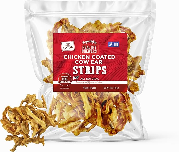 Rewardables Chicken Coated Cow Ear Strips for Dogs — Natural Long Lasting Dog Chews, No Artificial Flavors or Colors, 1 lb Bag — Satisfying for Moderate to Aggressive Chewers