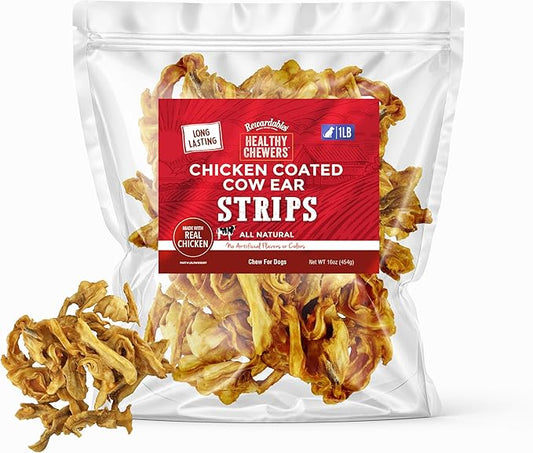 Rewardables Chicken Coated Cow Ear Strips for Dogs — Natural Long Lasting Dog Chews, No Artificial Flavors or Colors, 1 lb Bag — Satisfying for Moderate to Aggressive Chewers