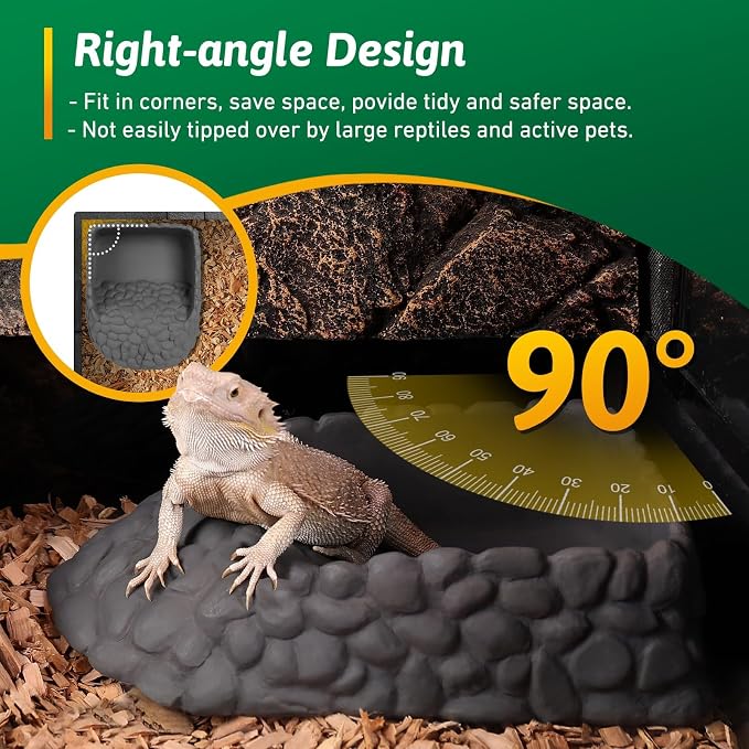 Reptile Water Dish Large Bearded Dragon Food Bowl, Rock Corner Water Dish for Reptiles Snake Water Bowl Feeding for Leopard Gecko Tortoise Lizard Tank Accessories, Terrarium Reptile Pool with Ramp