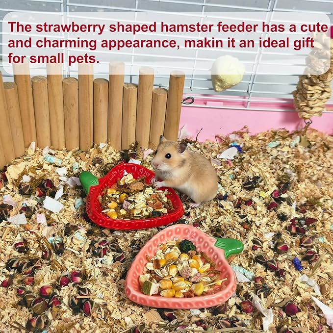 2PCS Hamster Bowl, Hamster Food Dish Ceramic Food Water Feeding Bowl Small Animal Bowls for Gerbil Rat Mice Hedgehog (Strawberry)