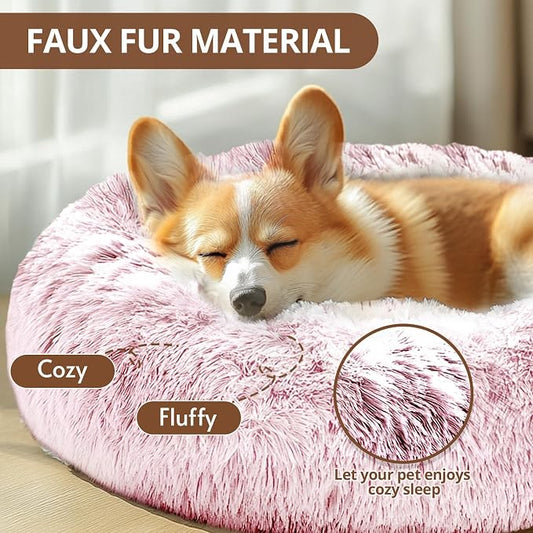JOLLYVOGUE Calming Dog Bed Medium Size Dog, Anti-Anxiety Donut Medium Pet Bed, 27 inches Fluffy Faux Fur Round Cat Bed (Smoke Pink)