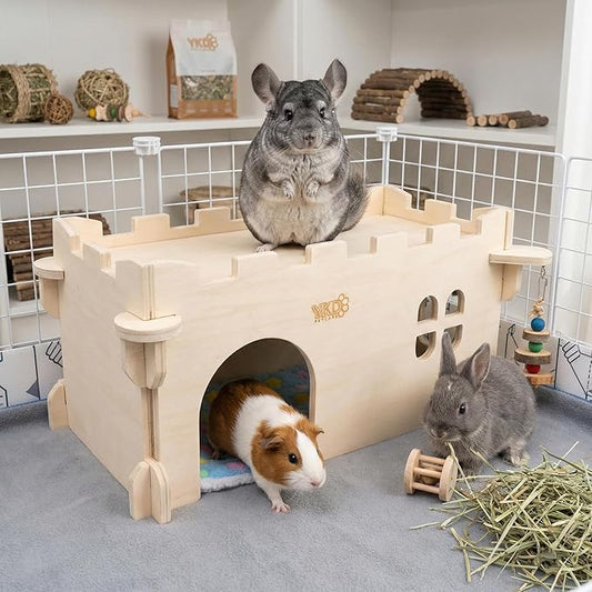 Castle Chinchilla House, Small Animal Hideout for Chinchilla, Guinea Pig, Hedgehog, or Rat, Ventilated Wooden Guinea Pig Hut Habitat with Multiple Doors (Large)