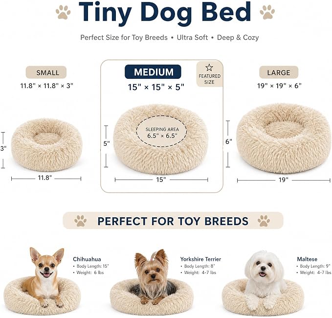 Tiny Dog Bed 15 Inch for Extra Small Dogs,Washable Puppy Bed,Soft Faux Fur Calming Donut Bed for Chihuahua Yorkie Maltese Pomeranian,Beige
