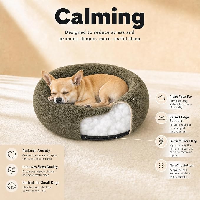 Tiny Dog Bed 15 Inch for Extra Small Dogs,Washable Puppy Bed,Soft Faux Fur Calming Donut Bed for Chihuahua Yorkie Maltese Pomeranian,Army Green