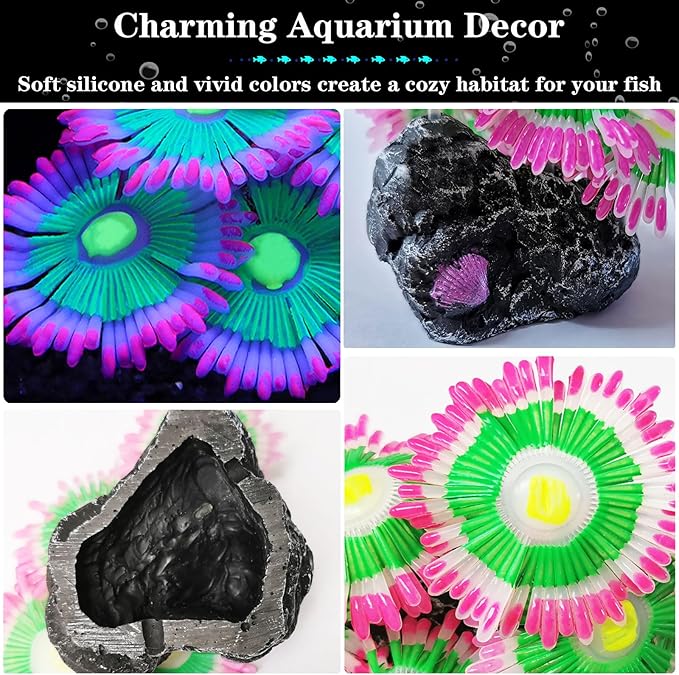 2pcs Silicone Glowing Effect Aquarium Fish Tank Decorations, Artificial Soft Anemone Coral Plants Ornaments for Aquarium Decor Landscape, Glow in Dark Fish Tank Accessories Decorations(Pink)