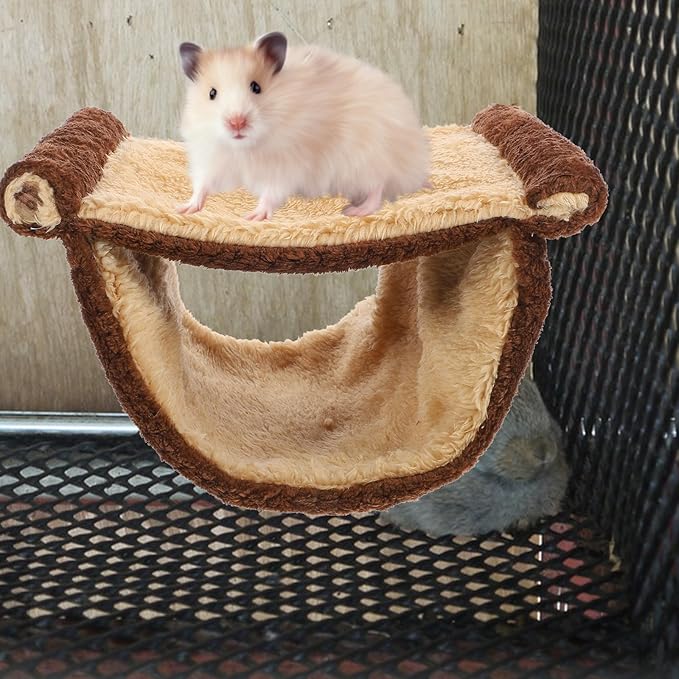 Chinchilla Hammock and Warm Hamster Bed Hanging Nest with Fleece Lining, Large Size Brown Cage Accessory for Squirrels, Hamsters, and Small Pets