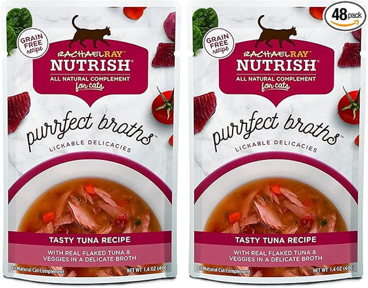 Nutrish Rachael Ray Purrfect Broths Wet Cat Food,Tasty Tuna Recipe with Flaked Tuna & Veggies,1.4 Ounce Pouch,Grain Free,(Pack of 48)