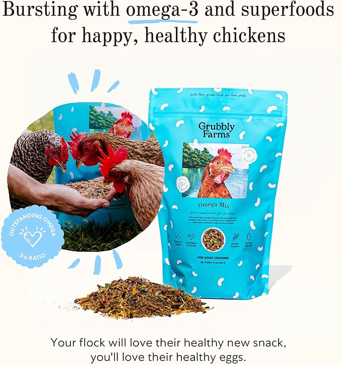 Grubbly Farms Adult Chicken Bundle - Chicken Grit, Fresh Pecks Layer Feed Pellets, Omega Mix & Grubblies - Complete Nutrition, Proper Digestion, Strong Eggshells & Natural Protein Treats