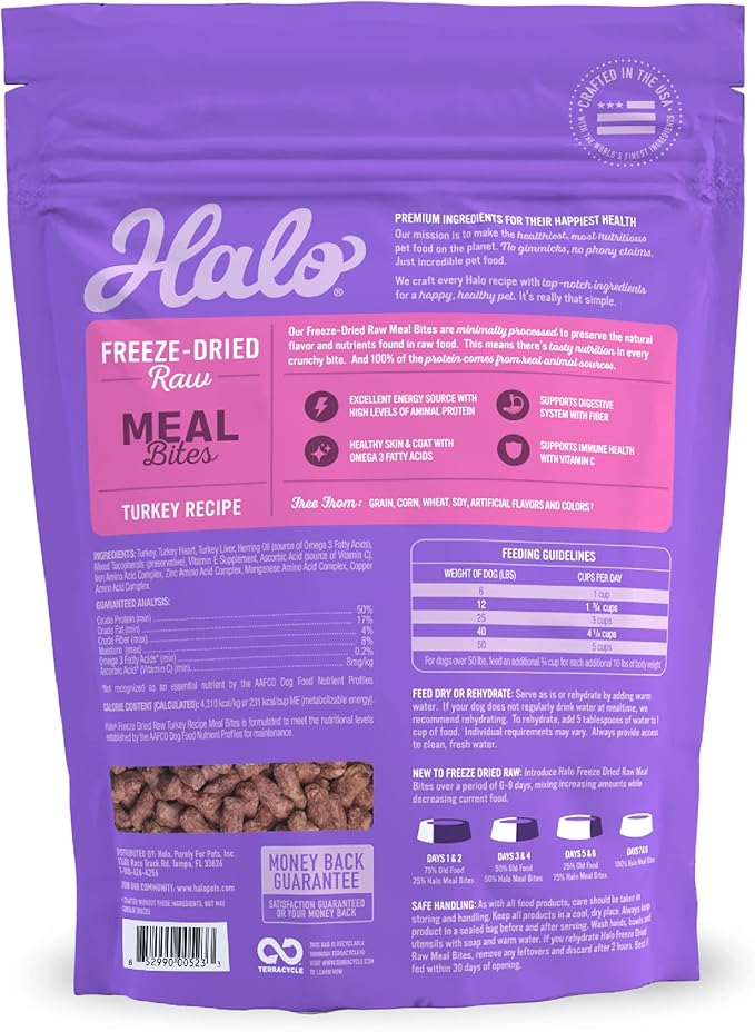 Halo Freeze Dried Raw Dog Food, Turkey Recipe, 100% Protein Source, Real Meat for Natural Energy, Meal Bites, 14 Oz Bag