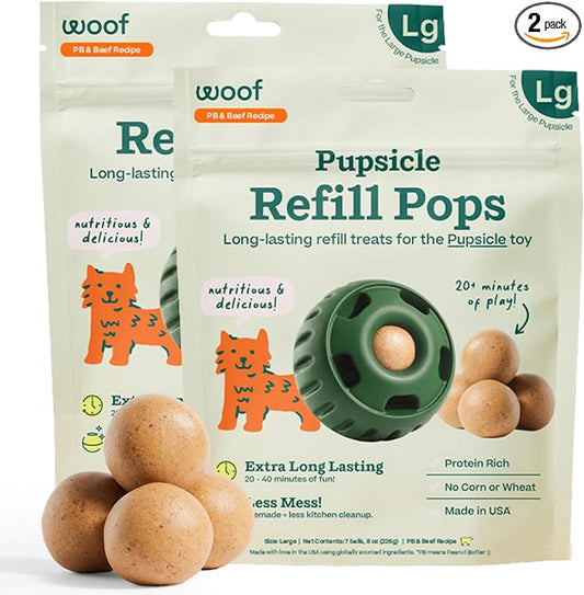 WOOF Pupsicle Refill Pops - Low-Mess Dog Snacks - with Peanut Butter and Beef - Dog Treats - Long Lasting - Large Pops - 7 Count - 2 Pack