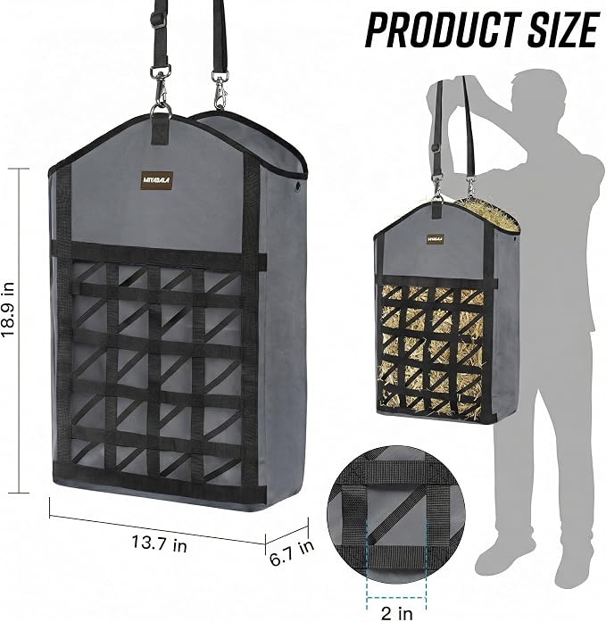 Ultra-Slow Feed Hay Bag for Horses, 3 Packs Hay Bags with Net Front Design,Wide Opening for Easy Filling,Two Types of Hanging for Feeding Goats, Sheep and Donkeys (1 Black+2 Grey)