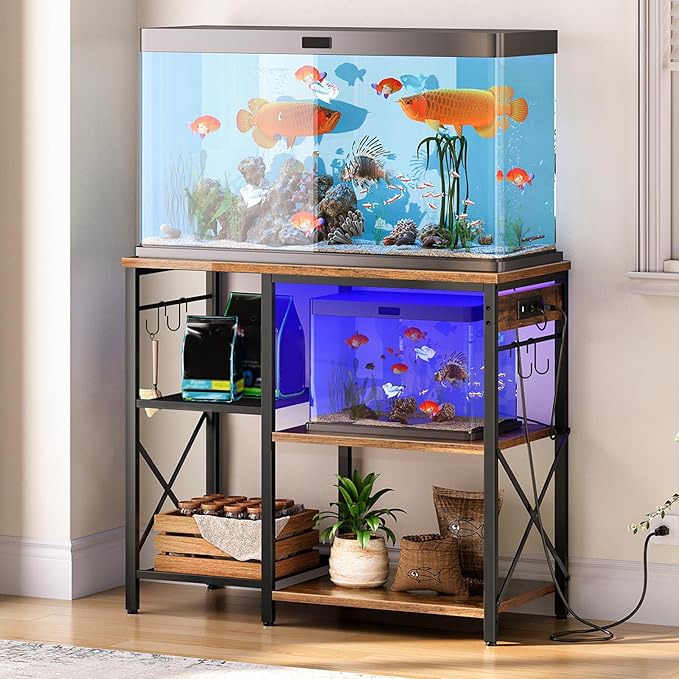 HOOBRO Fish Tank Stand with Power Outlet and LED Light, 20-29-37 Gallon Aquarium Stand with Storage Shelves, 30.7" L x 13.8" W, Reptile Tank Stand with Stable Metal Frame, Rustic Brown BF80UDFT01G1