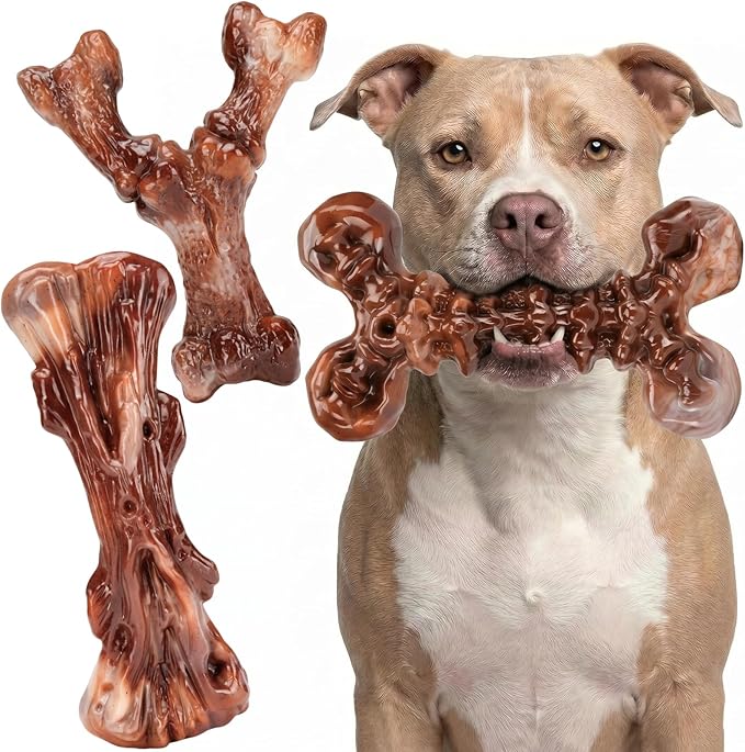 Kseroo Indestructible Dog Chew Toys for Aggressive Chewers: 3-Pack Bacon Flavored Rock-Hard Solid Nylon Dog Bones for Medium & Large Dogs(25-90lbs), Heavy Duty Tough Dog Toys to Keep Them Busy, Brown