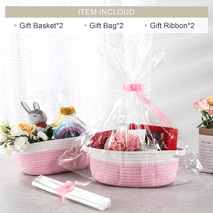 2 Pack Small Woven Basket with Gift Bags and Ribbons, Empty Decorative Gift Chest Box, Cute Baby Gift Basket for Nursery, Cotton Rope Room Shelf Storage Basket with Handles, All 12"x 8"x 5", Pink