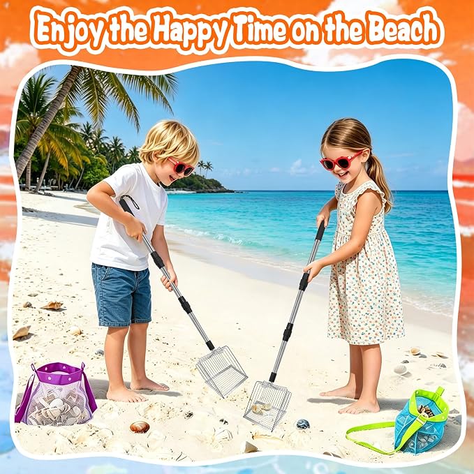 2 x Beach Sand Sifter,Metal Beach Shovel Set, with 2 Seashell Bags,Stainless Steel Sand Scoop with Adjustable Handle,Portable Tool for Shell & Shark Teeth Collecting,Kids Adults Outdoor Beach Supplies