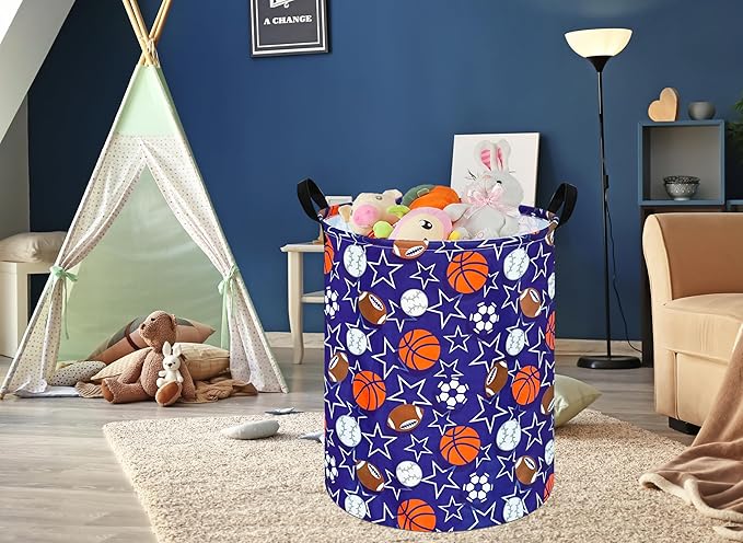 Kids Laundry Hamper Storage Basket Laundry Organizer Hamper Storage Bins Clothes Box Nursery Hamper Gift Basket with Handles (Star basketball)