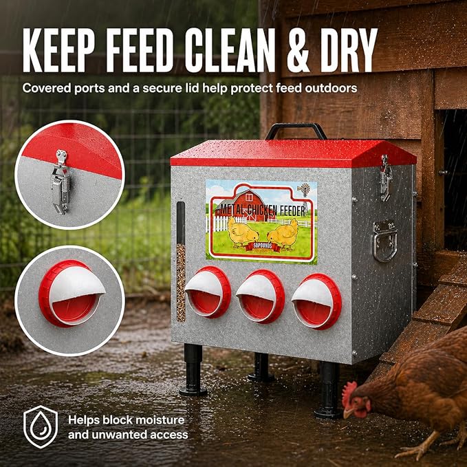 50LBS Metal Chicken Feeder Dispenser with Lid, Adjustable Legs, 8 Feeding Ports, No-Waste & Rodent-Proof Design, Visual Feed Level Indicator, Durable Outdoor Poultry Feeder for Chickens, and Geese