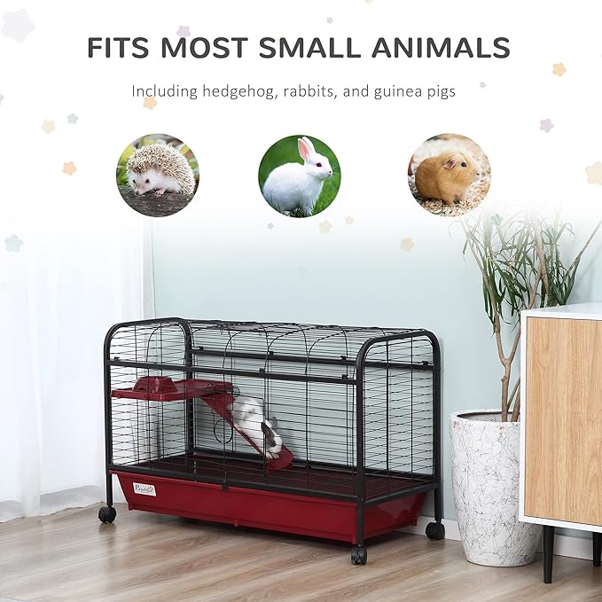 PawHut 41" L Small Animal Cage Rabbit Hutch Ferret Pet Play House with Feeder, Rolling Wheels, Platform, Ramp, Red