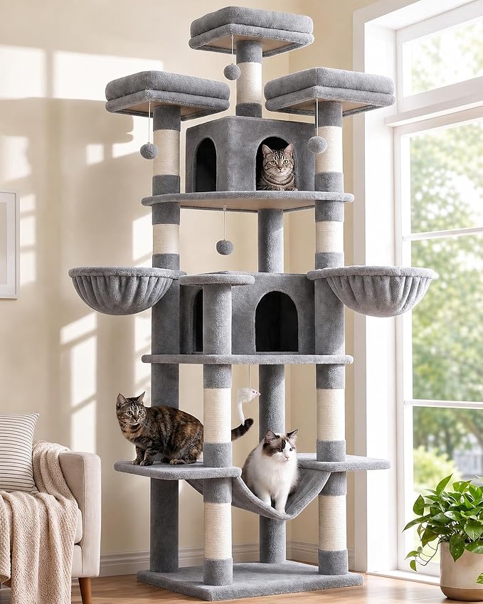 Globlazer Big Cat Tower for Indoor Cats, 80inch Cat Tower for Multiple Adult Cats XXL Cat Tree with Scratching Post, Hammock, 3 Perches, 2 Condos, 2 Hanging Basket, F80, Light Grey