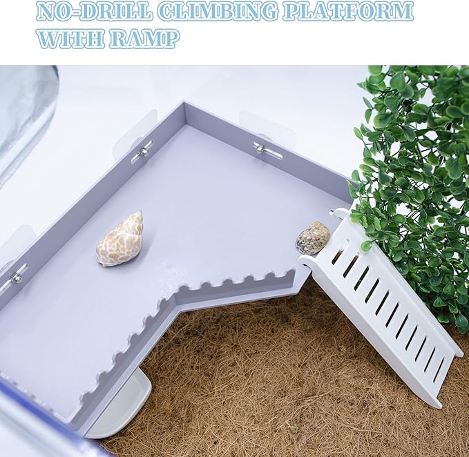 No-Drill Climbing Platform with Ramp, Hermit Crab Climbing Wall & Hideout, Multi-Level Platform with Ladder, No-Tools Mounting for Geckos, Small Lizards, Hamsters, Grey