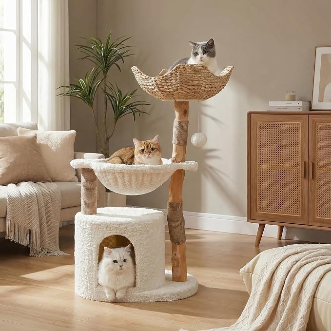 MUTTROS Modern Cat Tree for Large Cats, Wood Cat Tower for Indoor Cats, Real Branch Luxury Cat Furniture with Super Large Cozy Condo and Hammock & Scratching Post, Top Basket, White