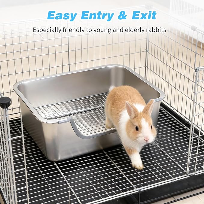 YUEPET 4-in-1 Large Rabbit Litter Box, Non-Slip Stainless Steel Litter Boxes with Sifting Grid & Hay Feeder Food Bowl, Easy Cleaning Bunny Litter Box with Odor Control for Rabbits Small Pets（S）