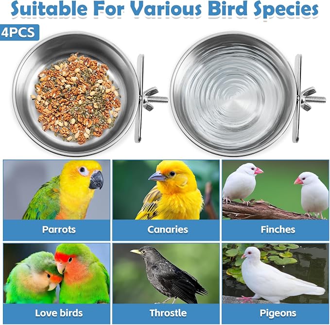 kathson 4 Pack Stainless Steel Bird Bowls, Parrot Feeding Dish Cups with Clamp Holder Bird Feeders Water Cage Bowl for Parakeet Cockatiels Conure Budgies Lovebird Finch and Small Animals