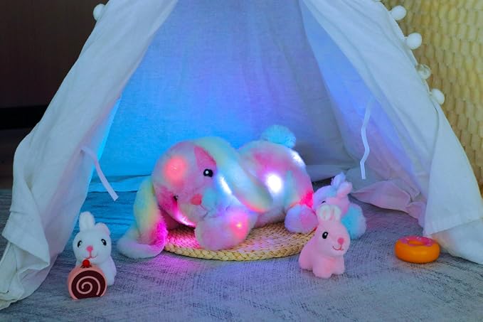 Hopearl LED Musical Stuffed Bunny Light up Singing Plush Toy Playset Mommy Rabbit with 3 Baby Bunnies in her Tummy Adjustable Volume Lullaby Animated Soothe Gifts for Kids Toddler Girls, Rainbow, 12''