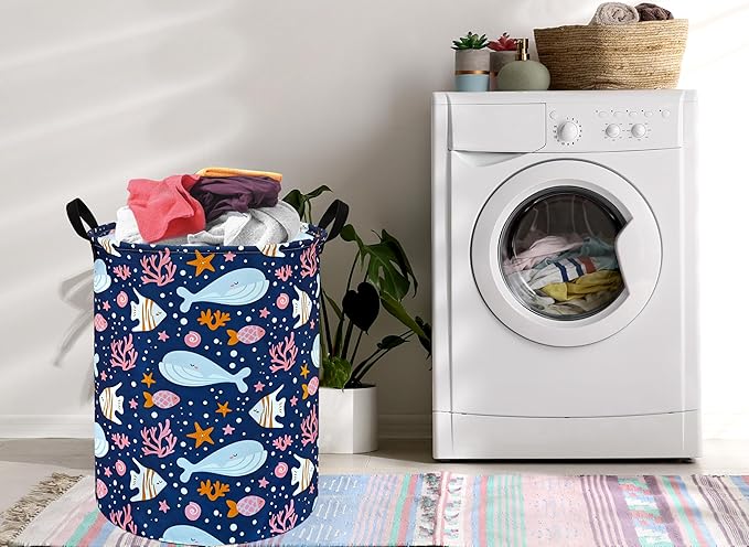 Kids Laundry Hamper Storage Basket Laundry Organizer Hamper Storage Bins Clothes Box Nursery Hamper Gift Basket with Handles (Whale)