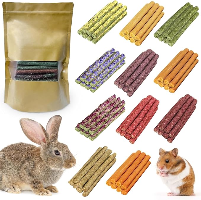 77Pcs Rabbit Chew Sticks, Guinea Pig Toys, 11 Flavors Natural Grass Molar Teeth Stick, Mixing Flowers, Roses, Calendula and Forget Me Not, Small Animals Treats