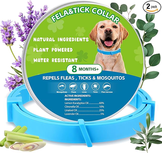 Natural Flea & Tick Prevention Dog Collars – 2-Pack Adjustable Waterproof Collars with Essential Oils (Lemon Eucalyptus, Citronella, Lavender, Linalool),Blue, Safe for All Breeds