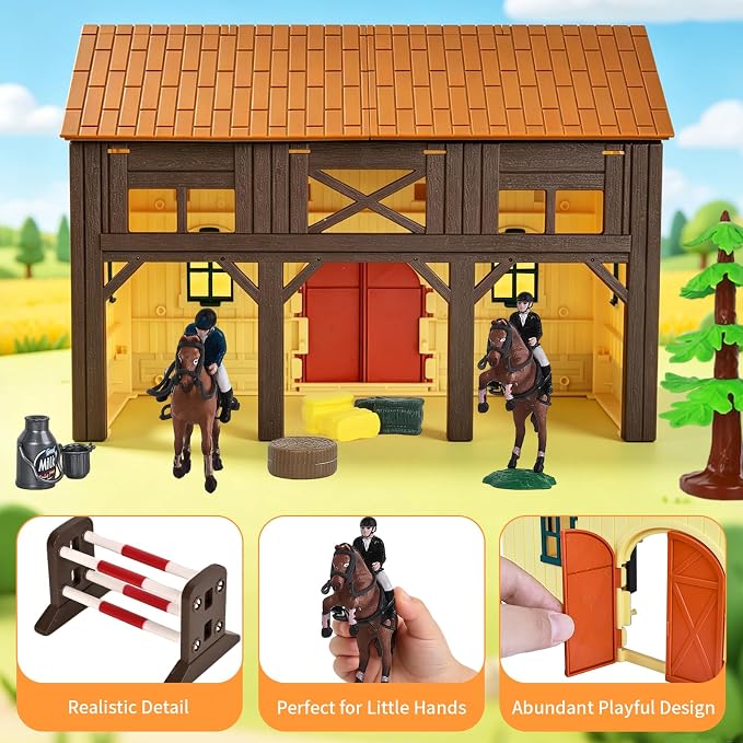Horse Club Riding Arena, Horse Stable Playset,Tractor with Trailer, Equestrian Washing Area,Riders Figures,Horse Figurine, Obstacle Accessory Set - Barn Toys for 3-7 Years Old Kids Boys Girls Toddlers