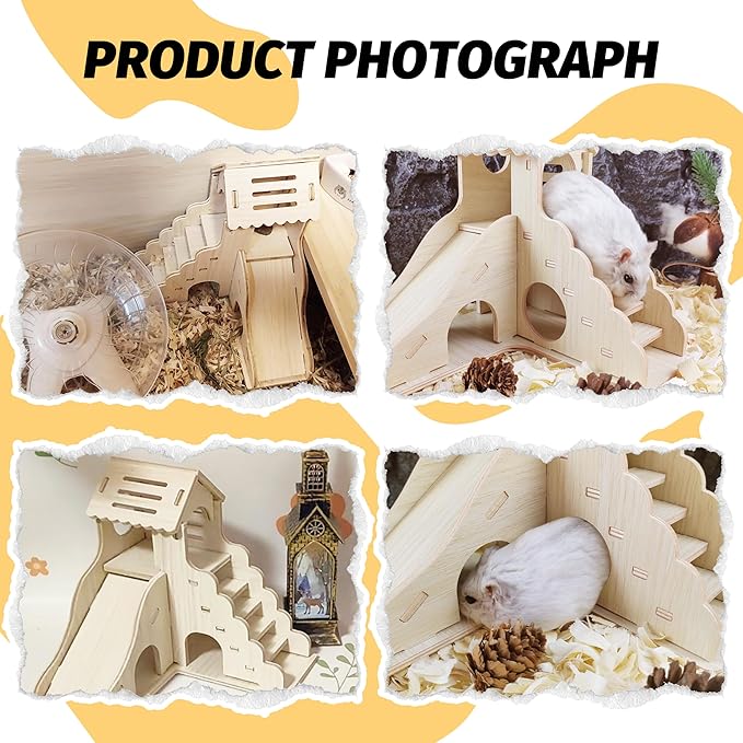 Hamster House,Tiny House with Slide House, Double-Decker Hut,Hamster Cage Accessories,Small Animal Habitat Decor for Hamster